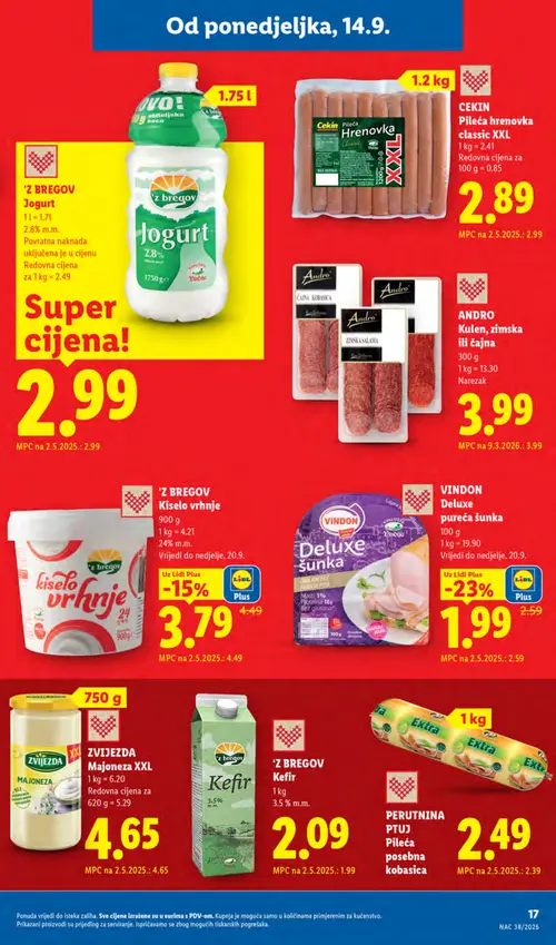 Lidl katalog — stranica 17: VINDON Deluxe pureća šunka, 'Z BREGOV Kiselo vrhnje (vrijedi 14. 09. 2026.–20. 09. 2026.)