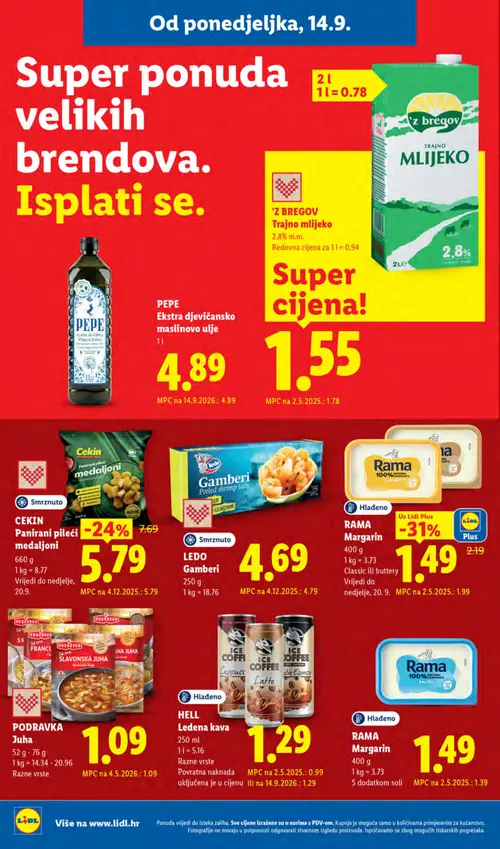 Lidl katalog — stranica 18: RAMA Margarin, CEKIN Panirani pileći medaljoni, Z bregov Trajno mlijeko 2,8% m.m., Z bregov Trajno mlijeko 2,8% m.m. (vrijedi 14. 09. 2026.–20. 09. 2026.)