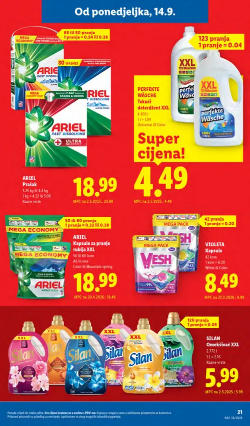 Lidl katalog — stranica 21: VIOLETA Kapsule, Ariel Prašak, Ariel Kapsule za pranje rublja (vrijedi 14. 09. 2026.–20. 09. 2026.)