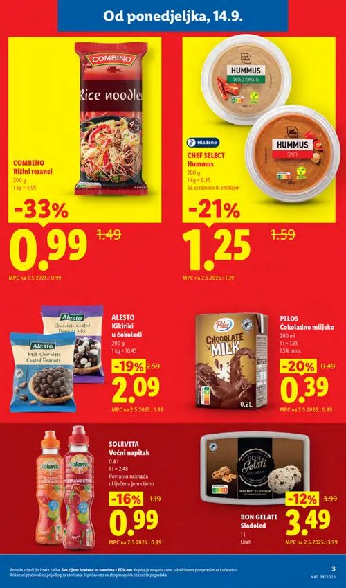 Lidl katalog — stranica 3: COMBINO Rižini rezanci, CHEF SELECT Hummus sušena rajčica, PILS Čokoladno mlijeko, ALESTO Kikiriki u čokoladi (vrijedi 14. 09. 2026.–20. 09. 2026.)