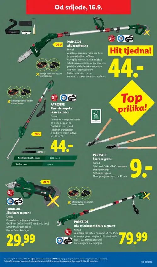 Lidl katalog — stranica 39: PARKSIDE Aku škare za grane, PARKSIDE Aku teleskopske škare za grane (vrijedi 14. 09. 2026.–20. 09. 2026.)