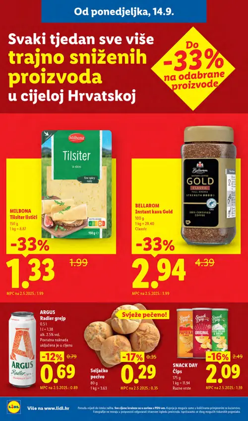 Lidl katalog — stranica 4: MILBONA Tilsiter listići, BELLAROM Instant kava Gold Classic, Seljačko pecivo, SNACK DAY Čips Razne vrste (vrijedi 14. 09. 2026.–20. 09. 2026.)
