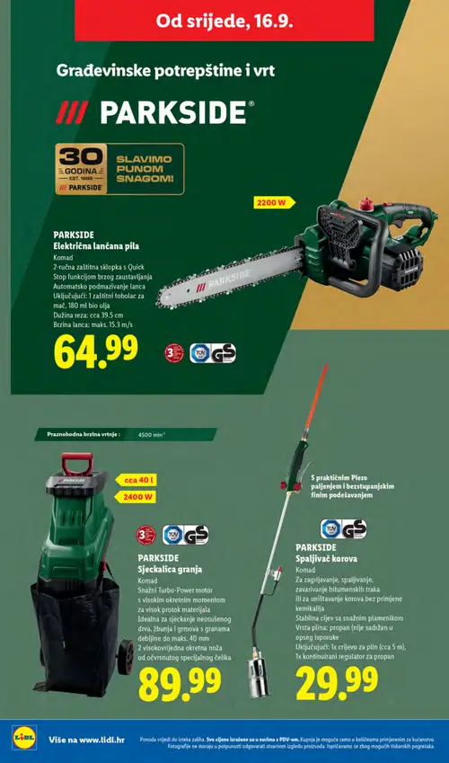 Lidl katalog — stranica 40: PARKSIDE Električna lančana pila, PARKSIDE Sjeckalica granja, PARKSIDE Spaljivač korova (vrijedi 14. 09. 2026.–20. 09. 2026.)