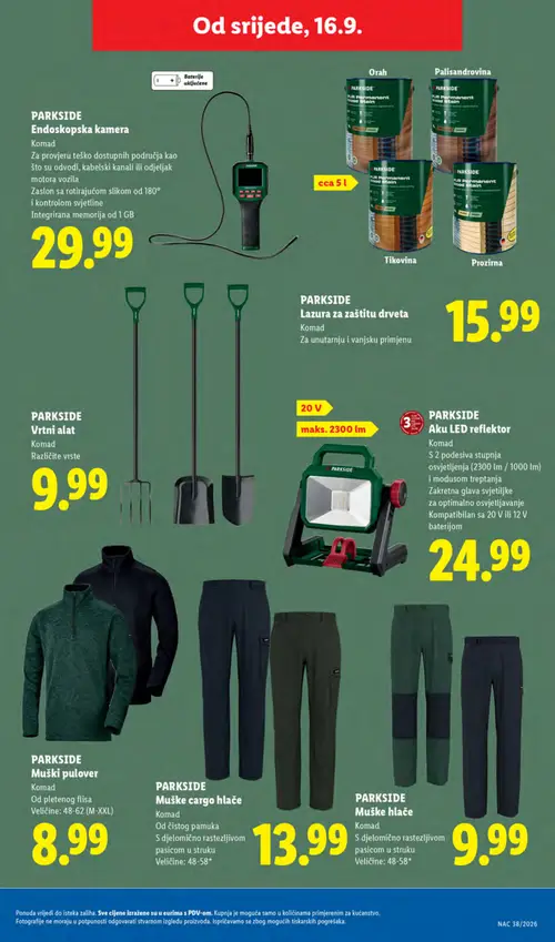 Lidl katalog — stranica 41: PARKSIDE Endoskopska kamera, PARKSIDE Lazura za zaštitu drveta, PARKSIDE Aku LED reflektor, PARKSIDE Vrtni alat (vrijedi 14. 09. 2026.–20. 09. 2026.)