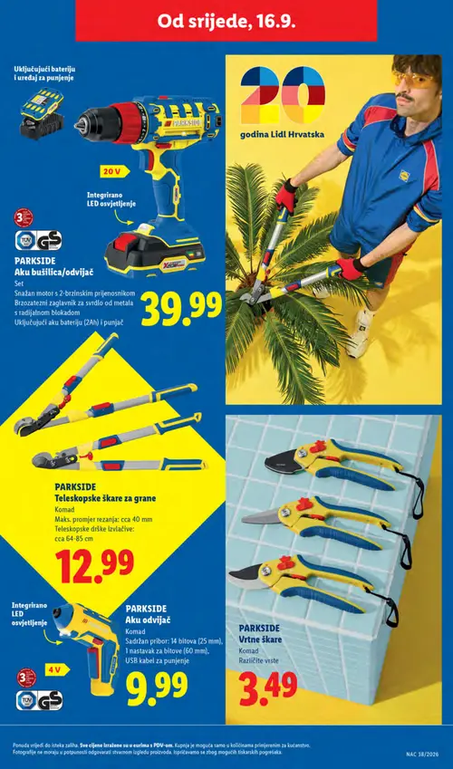 Lidl katalog — stranica 43: PARKSIDE Vrtne škare, PARKSIDE Aku odvijač, PARKSIDE Aku bušilica/odvijač, PARKSIDE Teleskopske škare za grane (vrijedi 14. 09. 2026.–20. 09. 2026.)