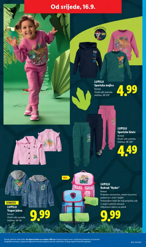 Lidl katalog — stranica 45: LUPILU Sportska majica, LUPILU Sportske hlače, LUPILU Traper jakna, LUPILU Ruksak "Ryder" (vrijedi 14. 09. 2026.–20. 09. 2026.)