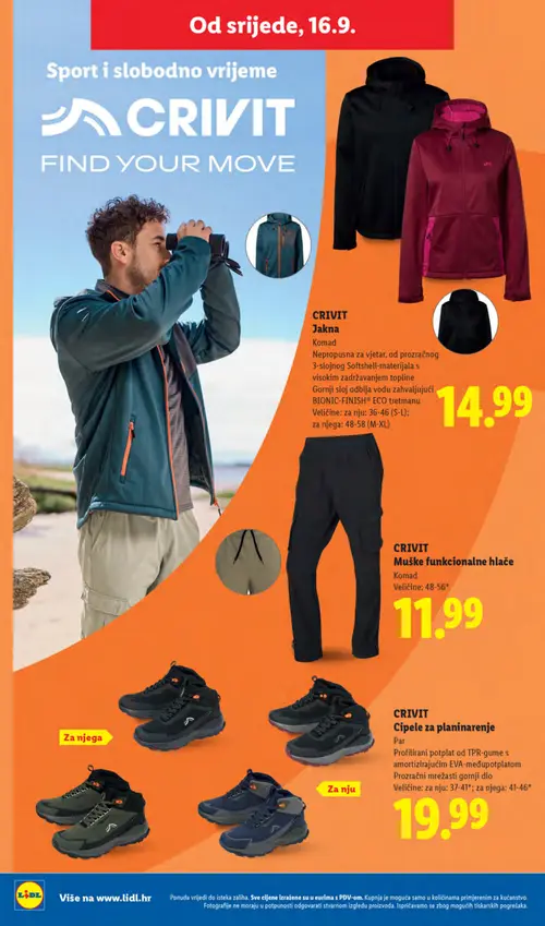 Lidl katalog — stranica 46: CRIVIT Jakna, CRIVIT Muške funkcionalne hlače, CRIVIT Cipele za planinarenje (vrijedi 14. 09. 2026.–20. 09. 2026.)