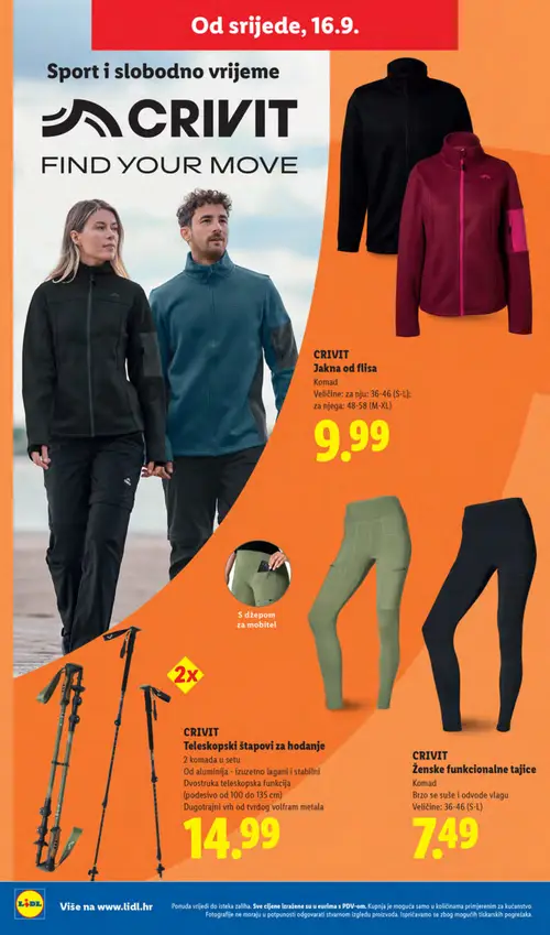 Lidl katalog — stranica 48: CRIVIT Jakna od flisa, CRIVIT Teleskopski štapovi za hodanje, CRIVIT Ženske funkcionalne tajice (vrijedi 14. 09. 2026.–20. 09. 2026.)
