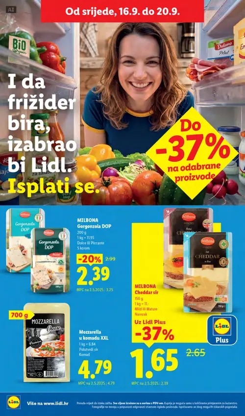 Lidl katalog — stranica 54: Milbona Cheddar sir, Milbona Gorgonzola DOP, Mozzarella u komadu XXL (vrijedi 14. 09. 2026.–20. 09. 2026.)