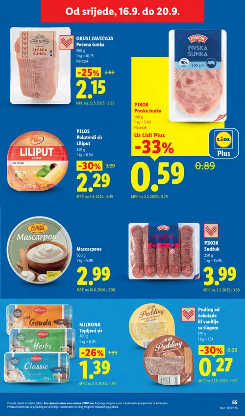 Lidl katalog — stranica 55: PIKOK Pivska šunka, Puding od čokolade ili vanilije sa šlagom, Pilos Liliput sir, MILBONA Topljeni sir (vrijedi 14. 09. 2026.–20. 09. 2026.)