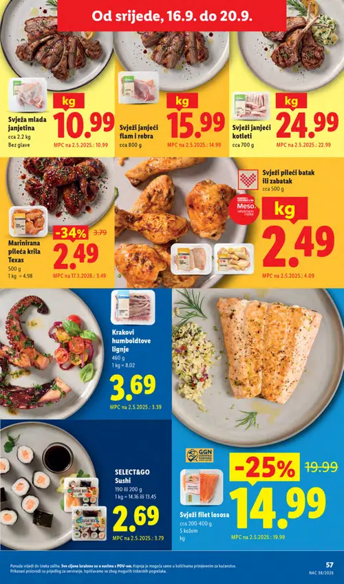 Lidl katalog — stranica 57: Svježi pileći batak ili zabatak, Mali pilinći krila Texas, SELECT&GO Sushi, Svježi filet lososa (vrijedi 14. 09. 2026.–20. 09. 2026.)