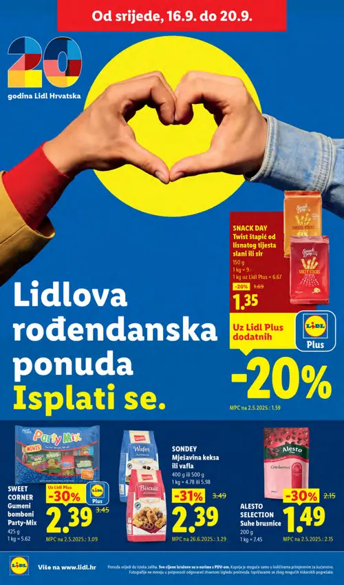 Lidl katalog — stranica 58: SNACK DAY Twist štapić od lisnatog tijesta slani ili sir, SWEET CORNER Gumeni bomboni Party-Mix, SONDEY Mješavina keksa ili vafla, ALESTO SELECTION Suhe brusnice (vrijedi 14. 09. 2026.–20. 09. 2026.)