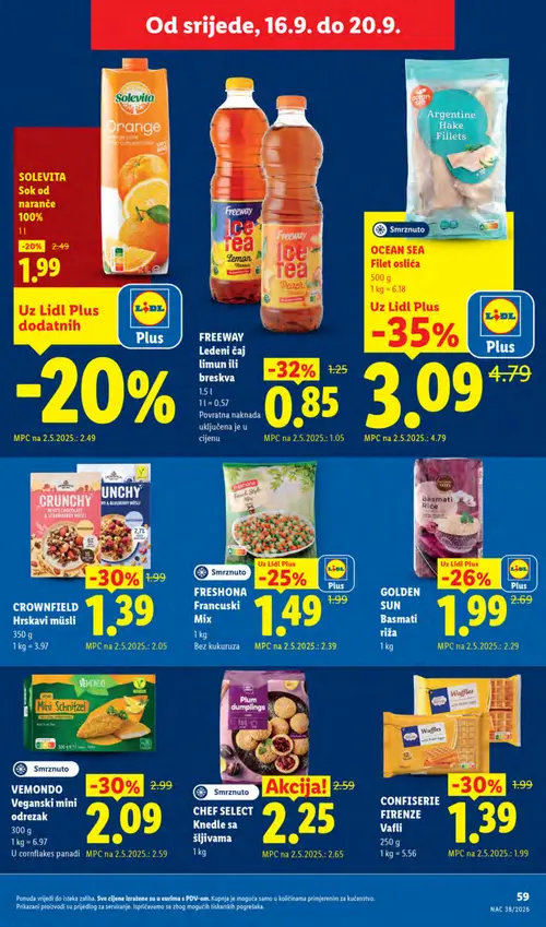 Lidl katalog — stranica 59: OCEAN SEA Filet oslića, FREEWAY Ledeni čaj limun ili breskva, CONFISERIE FIRENZE Vašli, CROWNHFIELD Hrustavi müsli (vrijedi 14. 09. 2026.–20. 09. 2026.)