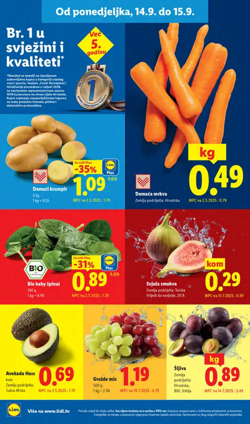 Lidl katalog — stranica 6: Šljiva, Grožđe mix, Svježa smokva, Avokado Hass (vrijedi 14. 09. 2026.–20. 09. 2026.)
