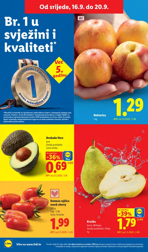 Lidl katalog — stranica 60: Nektarina, Avokado Hass, Kruška, Domaća rajčica snack cherry (vrijedi 14. 09. 2026.–20. 09. 2026.)