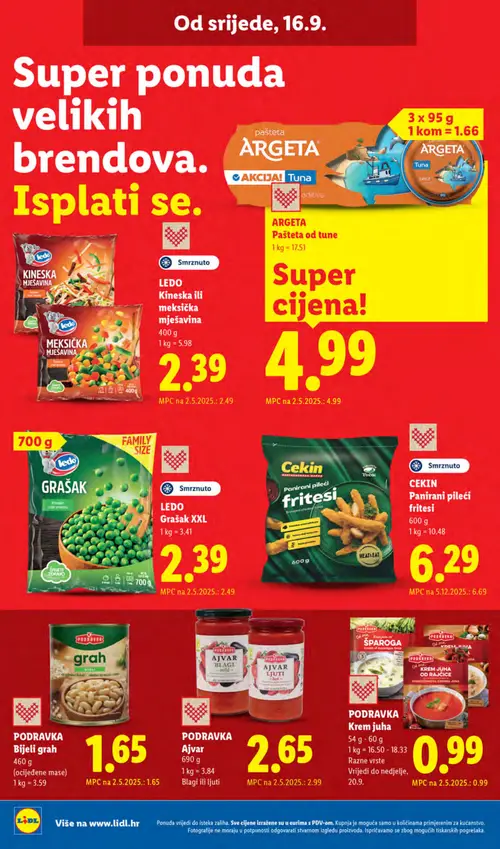 Lidl katalog — stranica 62: Podravka Ajvar Blagi ili Ljuti, Cekin Panirani pileći frites, Ledo Kineska ili Meksička mješavina, Argeta Pašteta od tune (vrijedi 14. 09. 2026.–20. 09. 2026.)