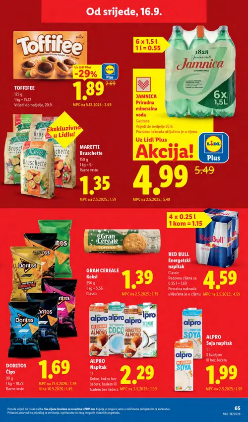 Lidl katalog — stranica 65: Toffifee, Maretti Bruschette Chips, Jamnica Prirodna mineralna voda (vrijedi 14. 09. 2026.–20. 09. 2026.)