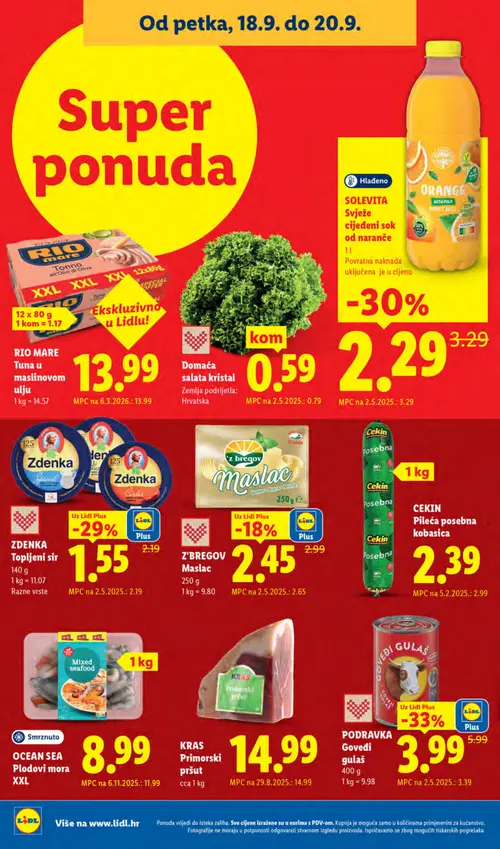 Lidl katalog — stranica 68: PODRAVKA Goveđi gulaš, SOLEVITA Svježe cijeđeni sok od naranče, ZDENKA Topljeni sir, Domaća salata kristal (vrijedi 14. 09. 2026.–20. 09. 2026.)