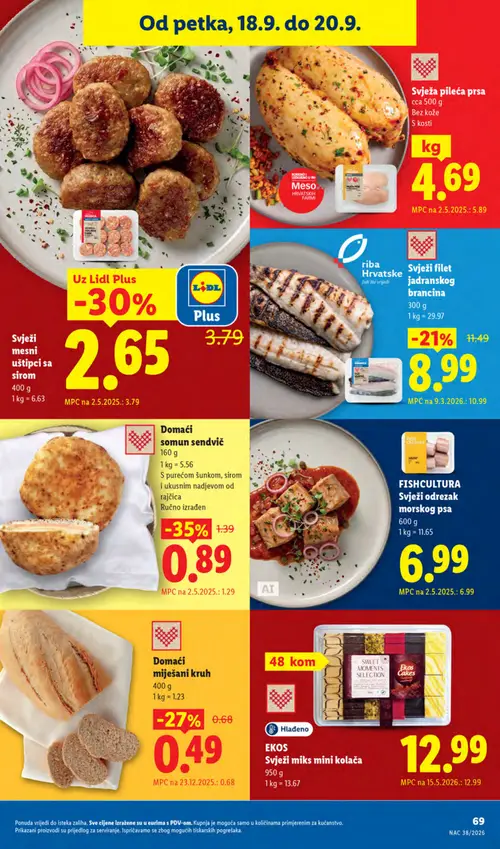 Lidl katalog — stranica 69: Domaći šunka sendvič, Uz Lidl Plus Svježi mesni uštipci sa sirom, Domaći miješani kruh, riba Hrvatske Svježi fileti Jadranskog brancina (vrijedi 14. 09. 2026.–20. 09. 2026.)