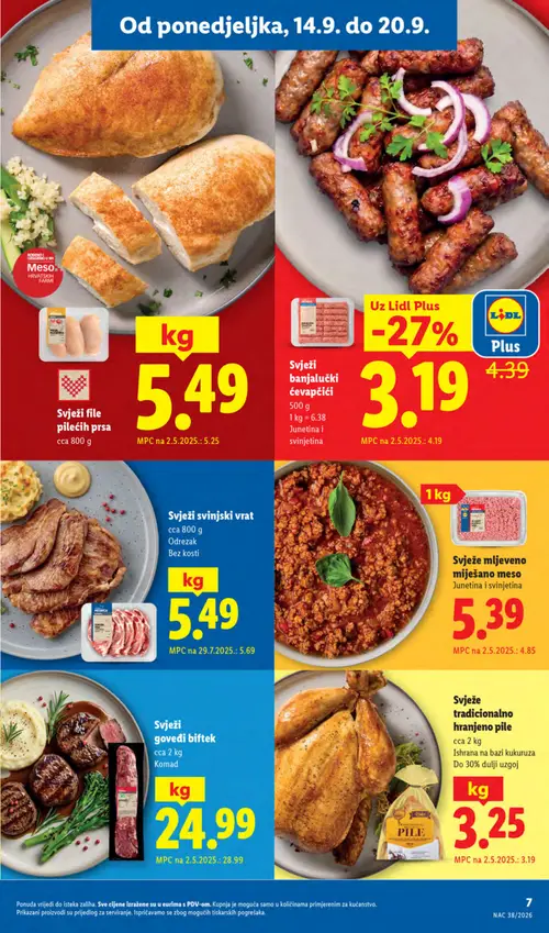 Lidl katalog — stranica 7: MESNICA Svježi banjalučki ćevapčići, MESNICA Svježi goveđi biftek, MESNICA Svježi svinjski vrat (vrijedi 14. 09. 2026.–20. 09. 2026.)