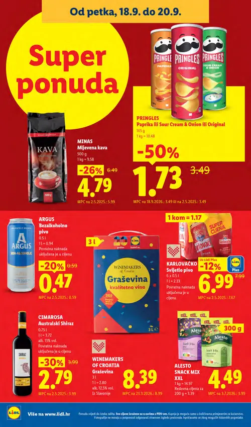 Lidl katalog — stranica 70: Pringles Paprika ili Sour Cream & Onion, CIMAROSA Australijski Shiraz, MINAS Mješavina kava, Argus Bezalkoholno pivo (vrijedi 14. 09. 2026.–20. 09. 2026.)
