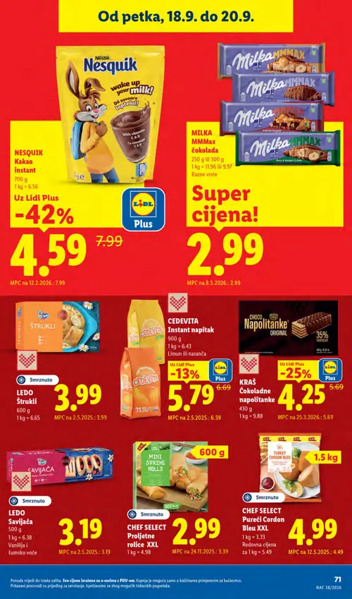 Lidl katalog — stranica 71: NESQUIK Kakao instant, KRAŠ Čokoladne napolitanke, CEDEVITA Instant napitak, CHEF SELECT Proljetne rolice XXL (vrijedi 14. 09. 2026.–20. 09. 2026.)