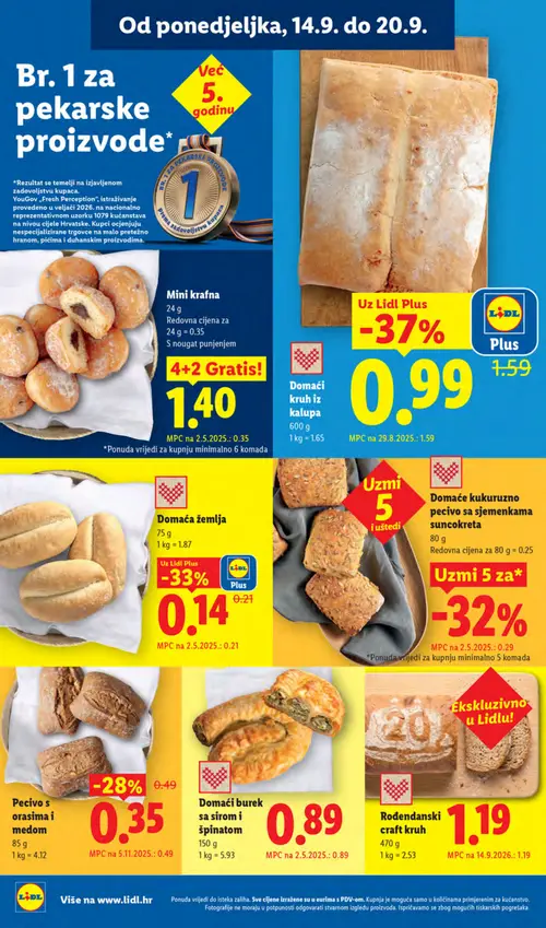 Lidl katalog — stranica 8: Domaći kruh iz kalupa, Domaća žemlja, Pecivo s orasima i medom (vrijedi 14. 09. 2026.–20. 09. 2026.)