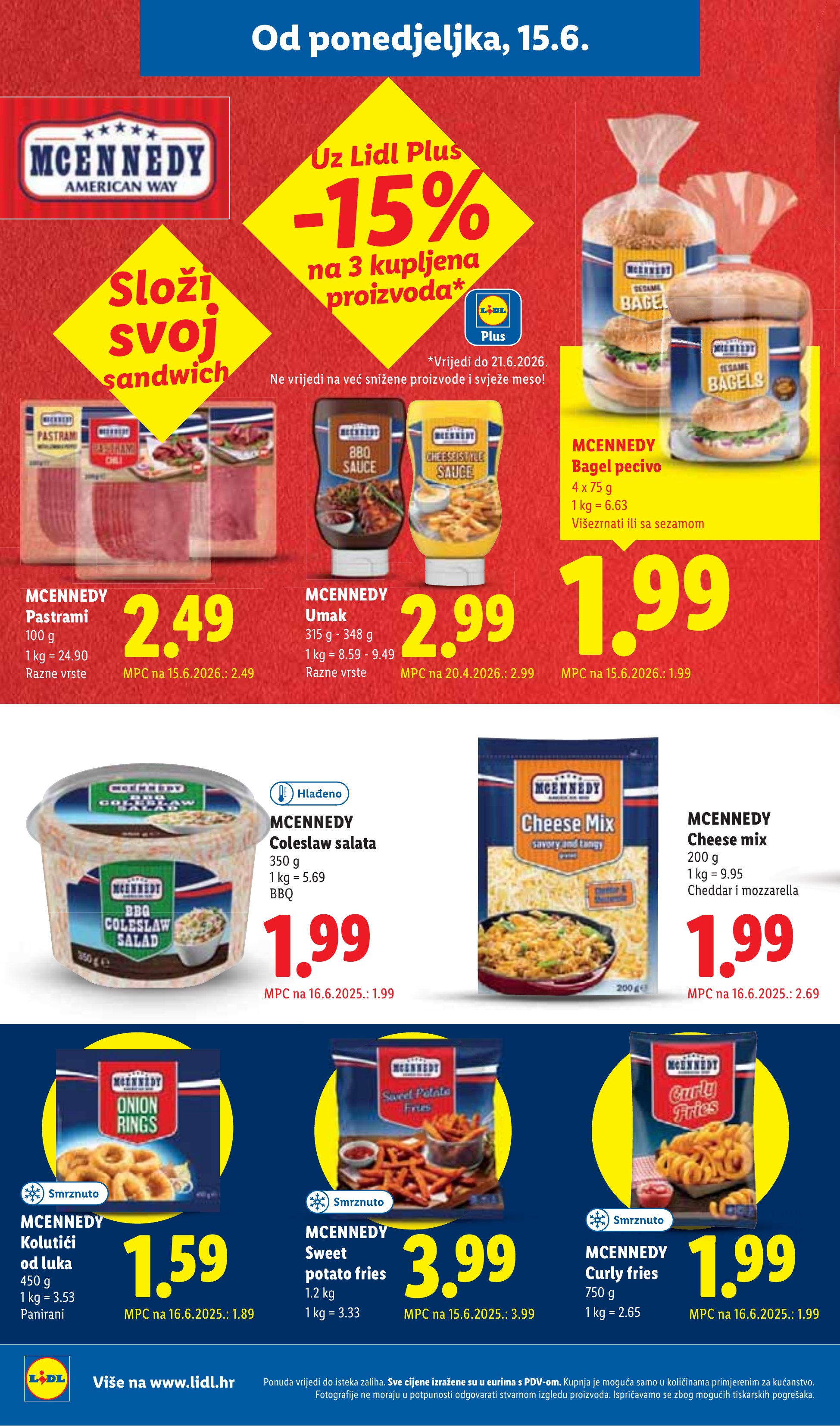 Lidl katalog — stranica 14: Mcennedy Cheese mix (Cheddar i mozzarella), Mcennedy Kolutići od luka (vrijedi 15. 06. 2026.–21. 06. 2026.)