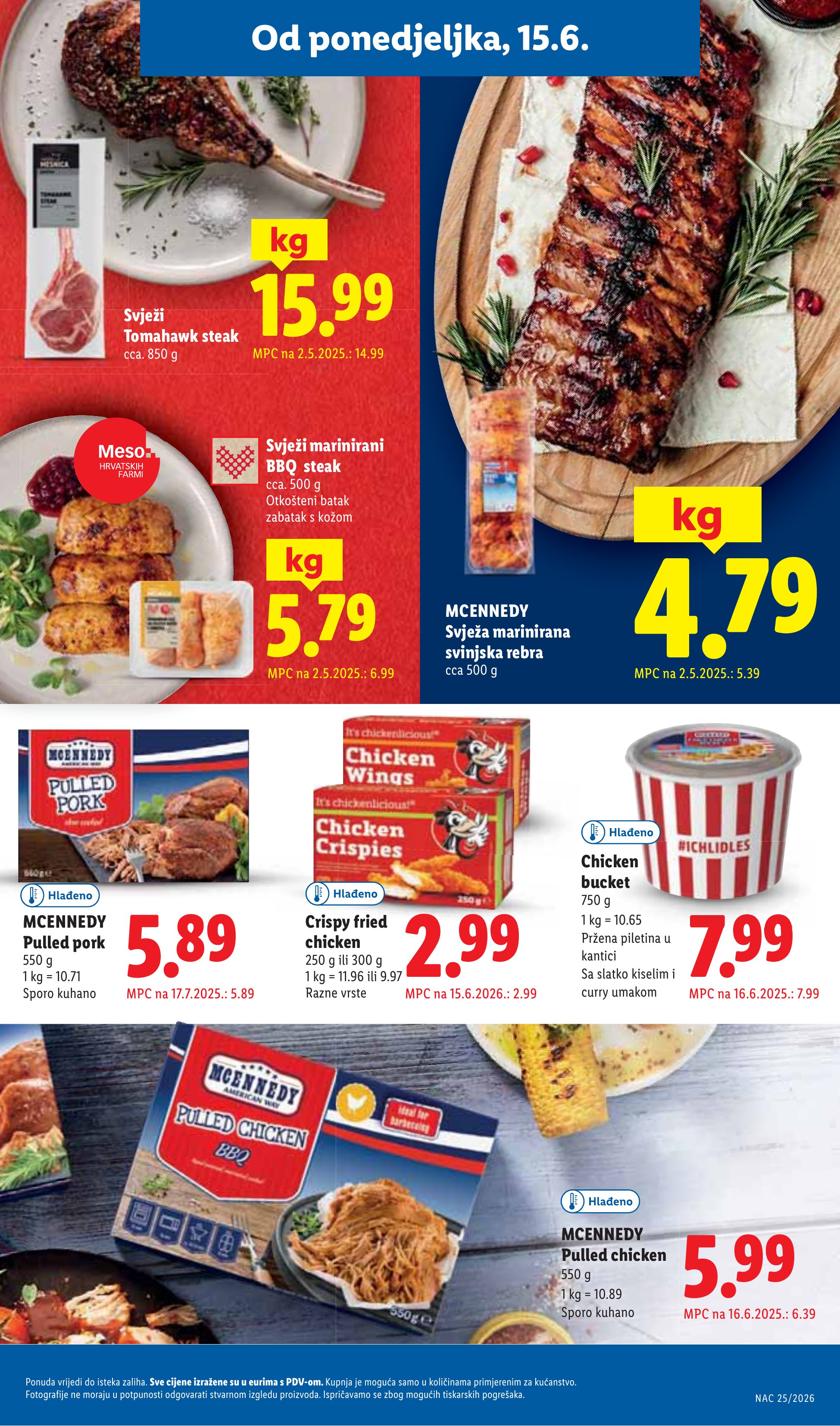 Lidl katalog — stranica 15: Svježi marinirani BBQ steak, MCENNEDY Svježa marinirana svinjska rebra, MCENNEDY Pulled chicken (vrijedi 15. 06. 2026.–21. 06. 2026.)