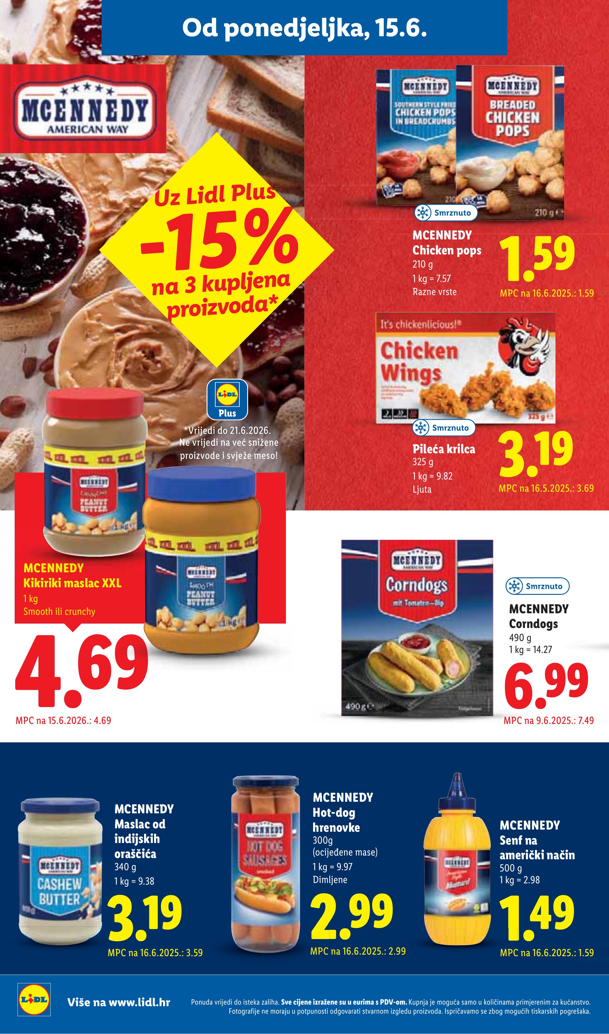 Lidl katalog — stranica 16: Pileća krilca, MCENNEDY Maslac od indijskih oraščića, MCENNEDY Corndogs, MCENNEDY Senf na američki način (vrijedi 15. 06. 2026.–21. 06. 2026.)