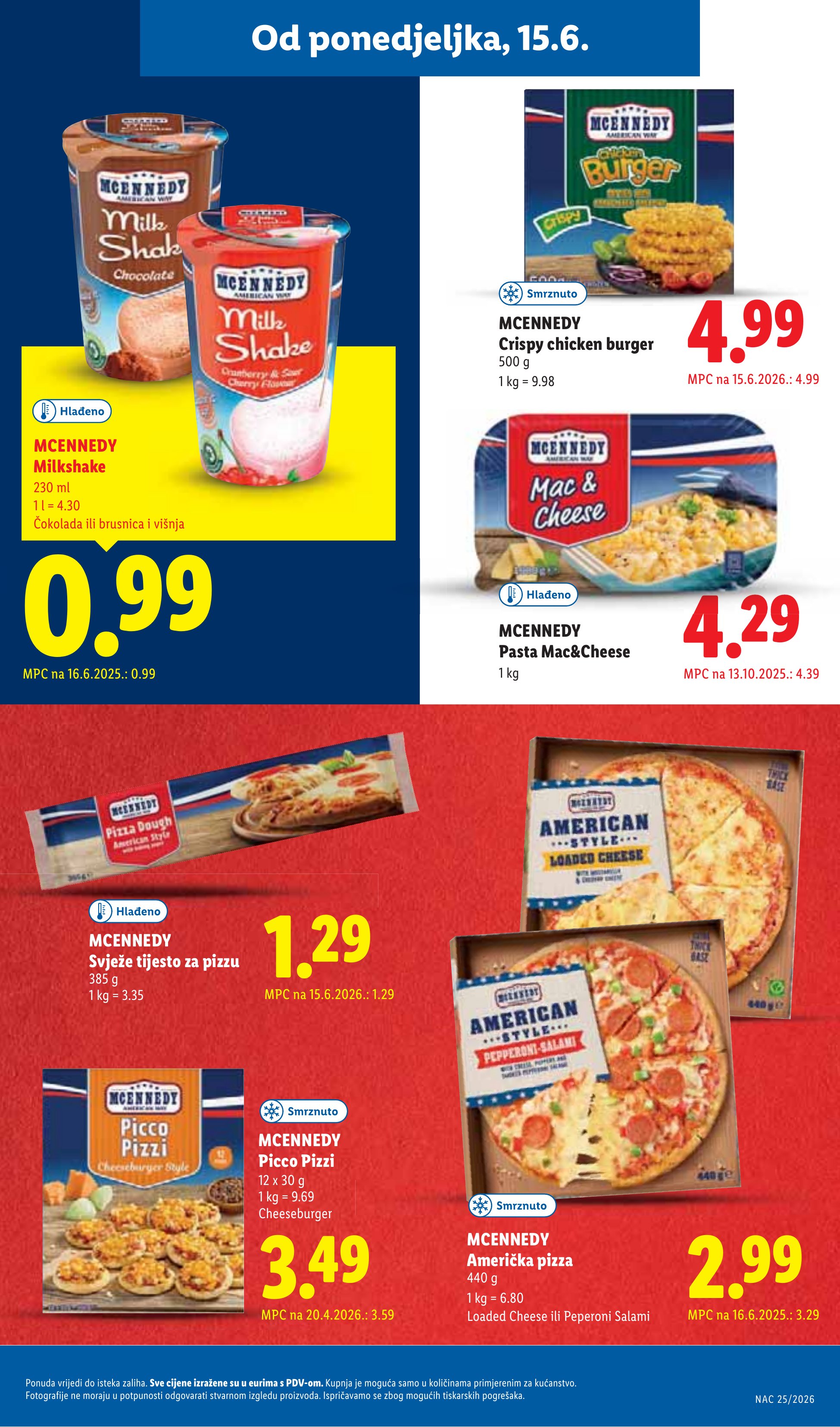 Lidl katalog — stranica 17: MCENNEDY Američka pizza (Loaded Cheese ili Peperoni Salami), MCENNEDY Picco Pizzi Cheeseburger Style, MCENNEDY Pasta Mac&Cheese (vrijedi 15. 06. 2026.–21. 06. 2026.)