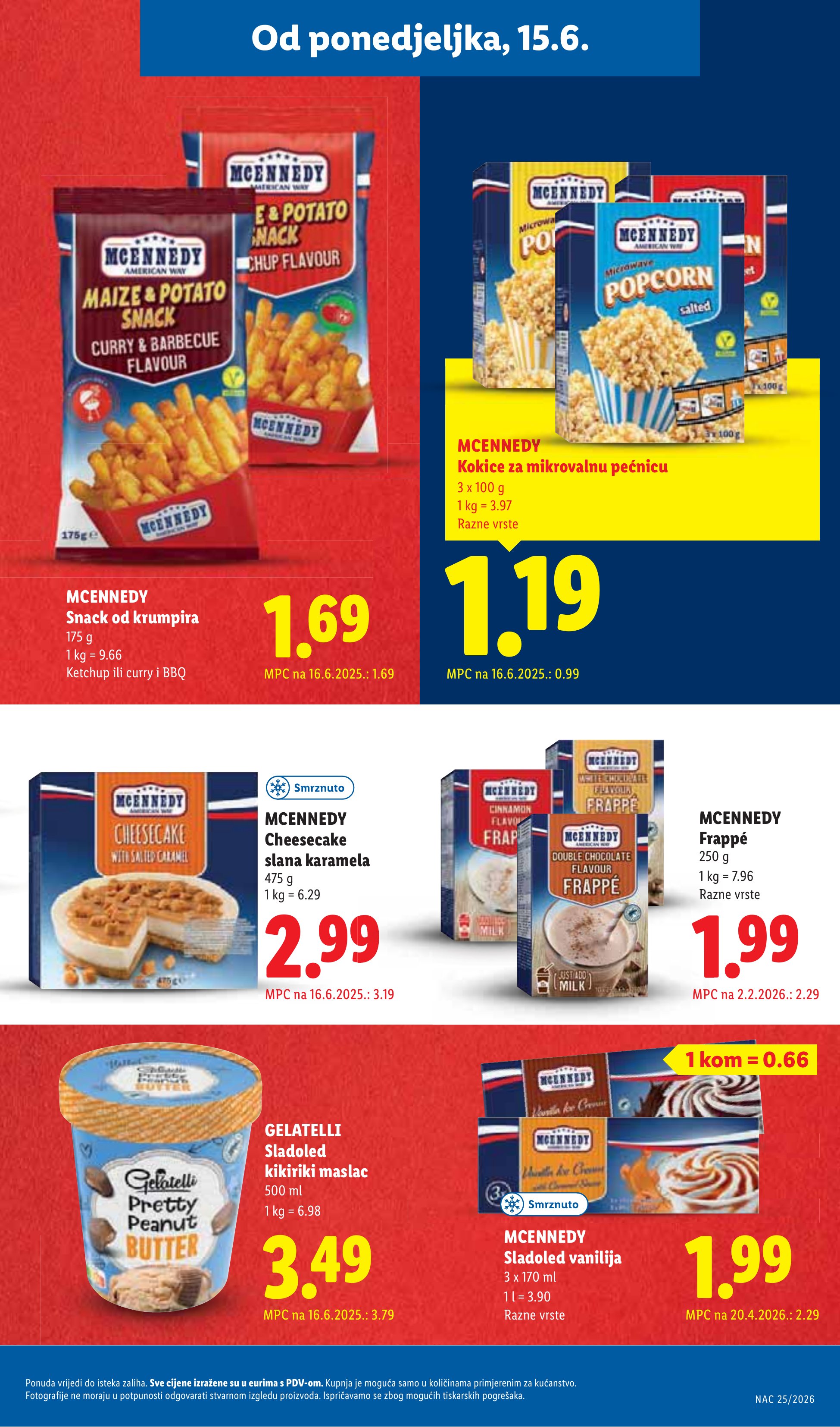 Lidl katalog — stranica 19: MCENNEDY Frappé, MCENNEDY Sladoled vanilija, GELATELLI Sladoled kikiriki maslac, MCENNEDY Cheesecake slana karamela (vrijedi 15. 06. 2026.–21. 06. 2026.)
