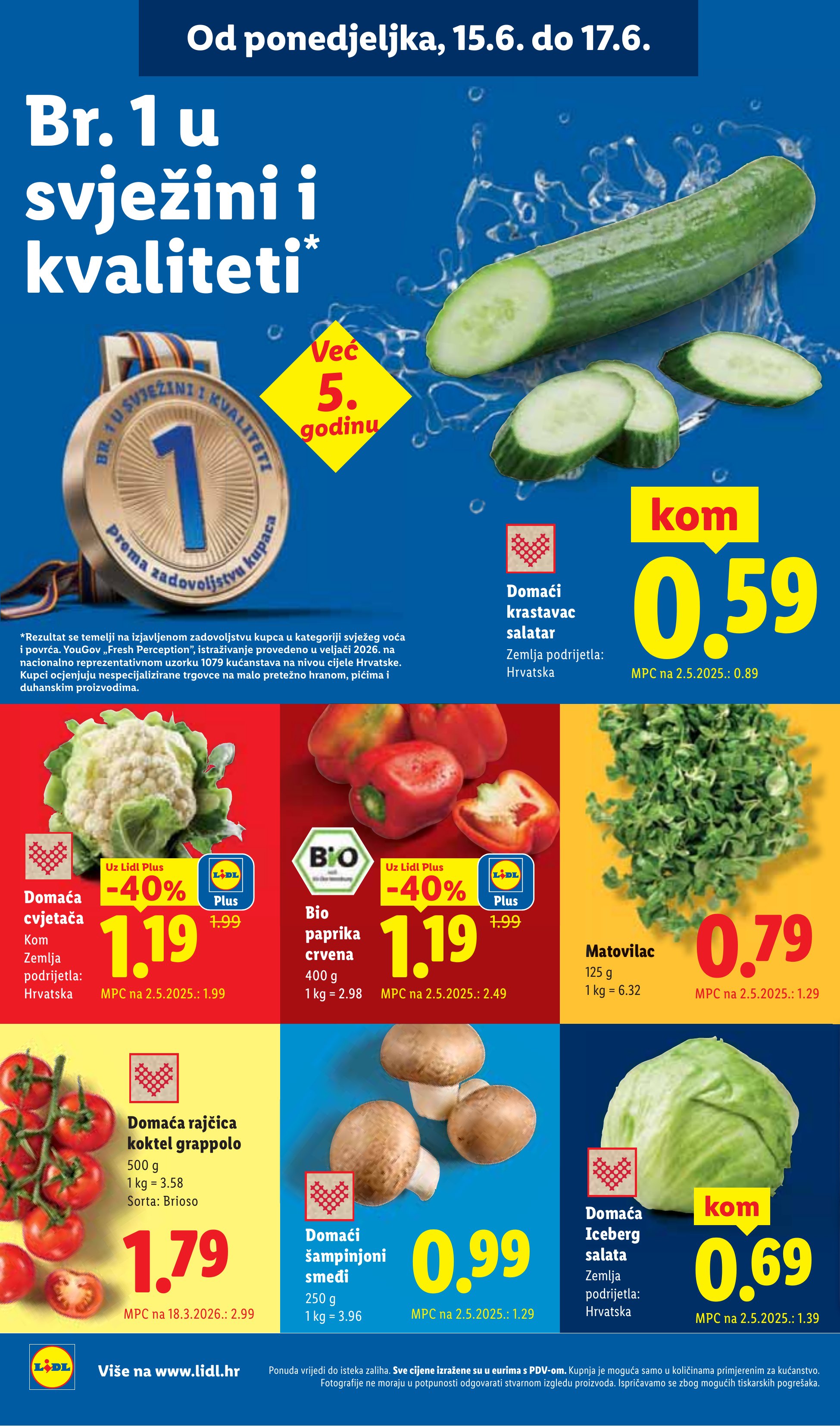 Lidl katalog — stranica 2: Domaća Iceberg salata, Bio Bio paprika crvena, Domaća cvjetača, Domaća rajčica koktel grappolo (vrijedi 15. 06. 2026.–21. 06. 2026.)