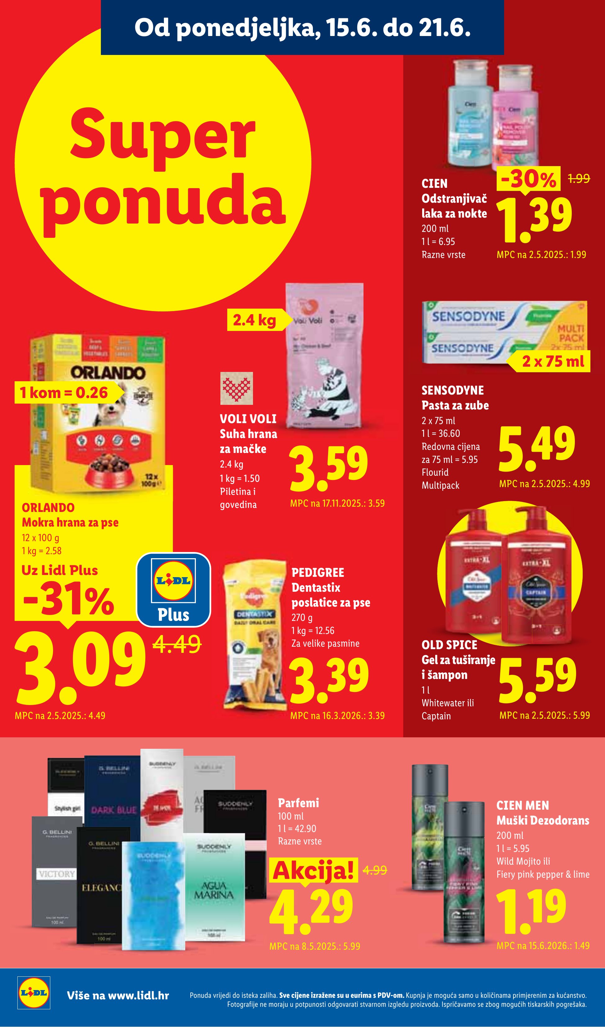 Lidl katalog — stranica 20: ORLANDO Mokra hrana za pse, CIEN Odstranjivač laka za nokte, CIEN MEN Muški dezodorans (Wild Mojito ili Fiery pink pepper & lime), Parfemi (vrijedi 15. 06. 2026.–21. 06. 2026.)
