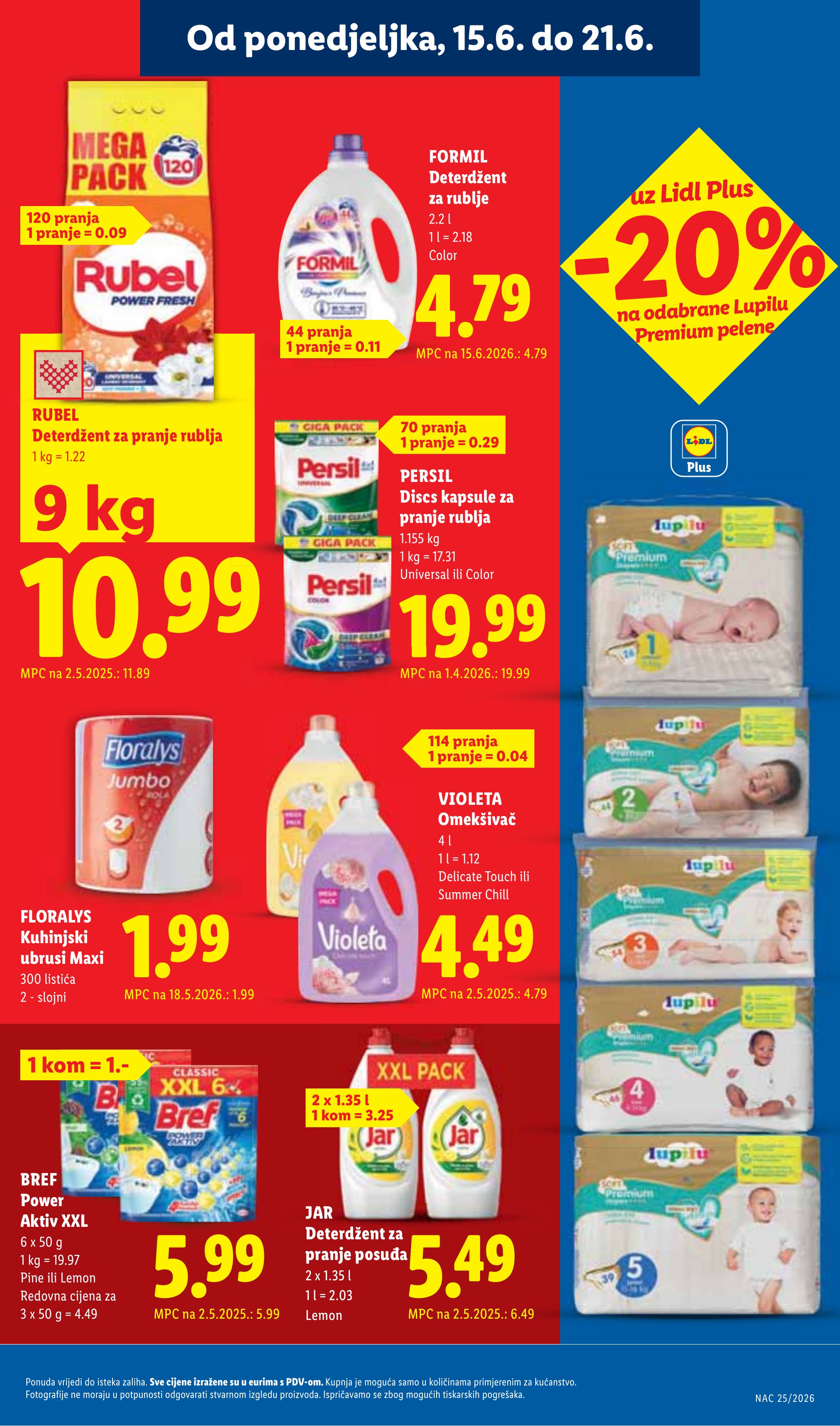 Lidl katalog — stranica 21: Jar Deterdžent za pranje posuđa Lemon, Rubel Deterdžent za pranje rublja, Violeta Omekšivač Delicate Touch ili Summer Chill (vrijedi 15. 06. 2026.–21. 06. 2026.)