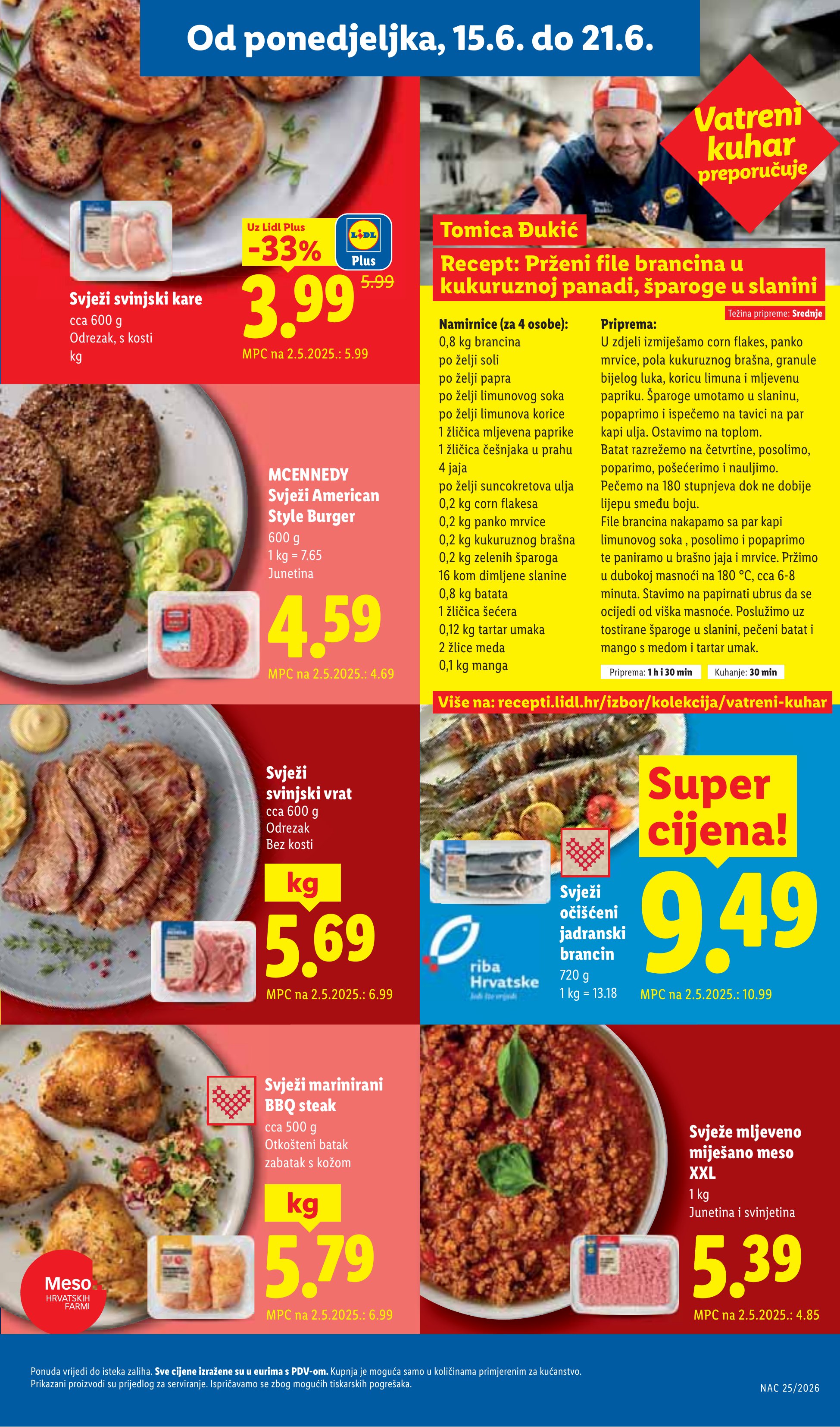 Lidl katalog — stranica 3: Svježi svinjski kare, Svježi svinjski vrat, Svježi marinirani BBQ steak, Svježi očišćeni jadranski brancin (vrijedi 15. 06. 2026.–21. 06. 2026.)
