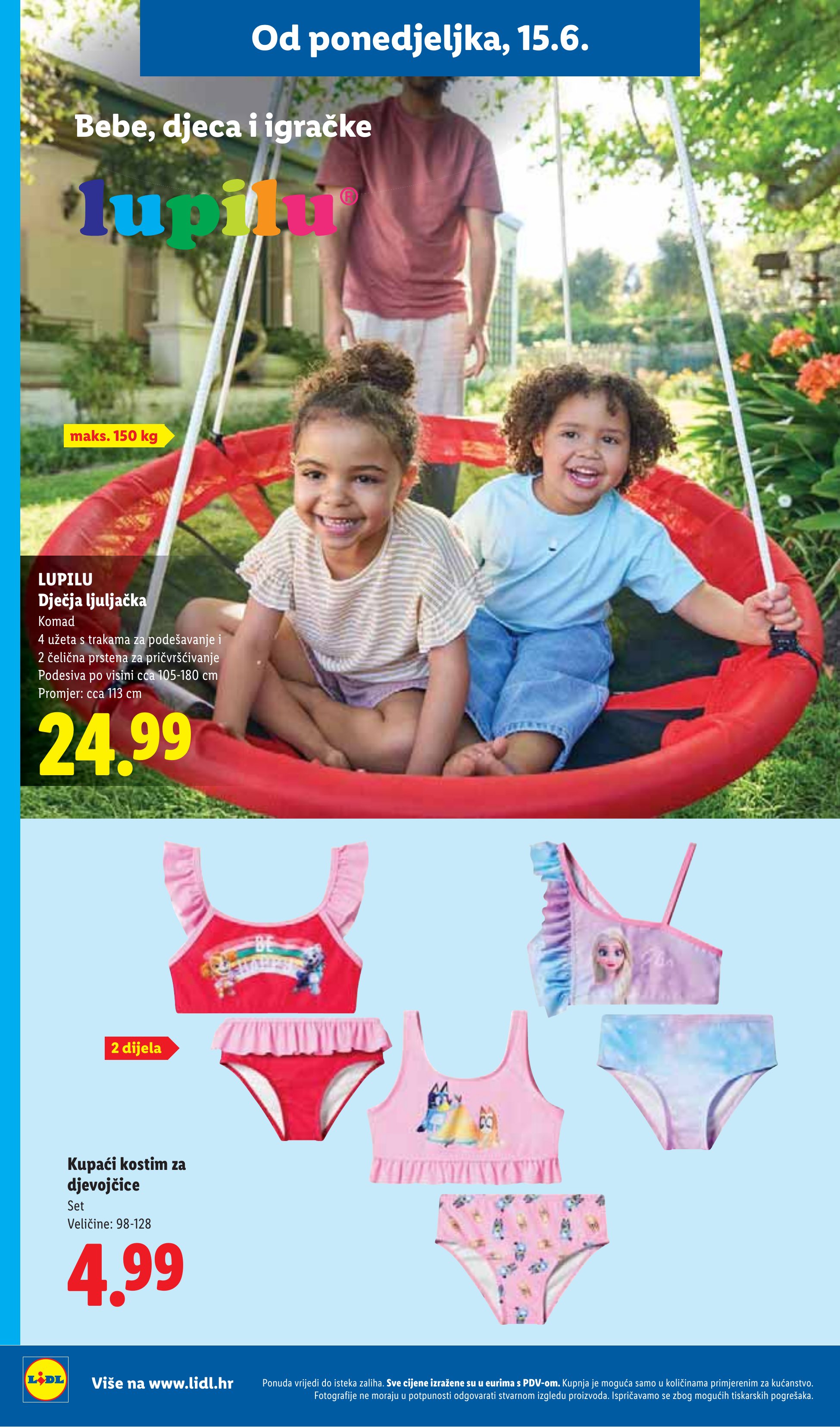 Lidl katalog — stranica 34: LUPILU Dječja ljuljačka, Kupaći kostim za djevojčice (vrijedi 15. 06. 2026.–21. 06. 2026.)