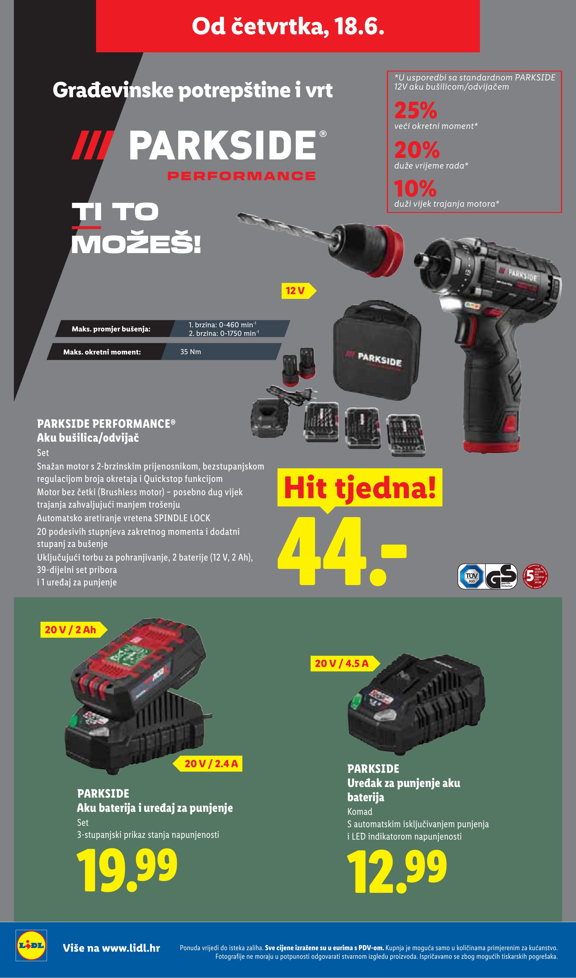 Lidl katalog — stranica 36: Parkside Performance Aku bušilica/odvijač, Parkside Aku baterija i uređaj za punjenje, Parkside Uređaj za punjenje aku baterija (vrijedi 15. 06. 2026.–21. 06. 2026.)