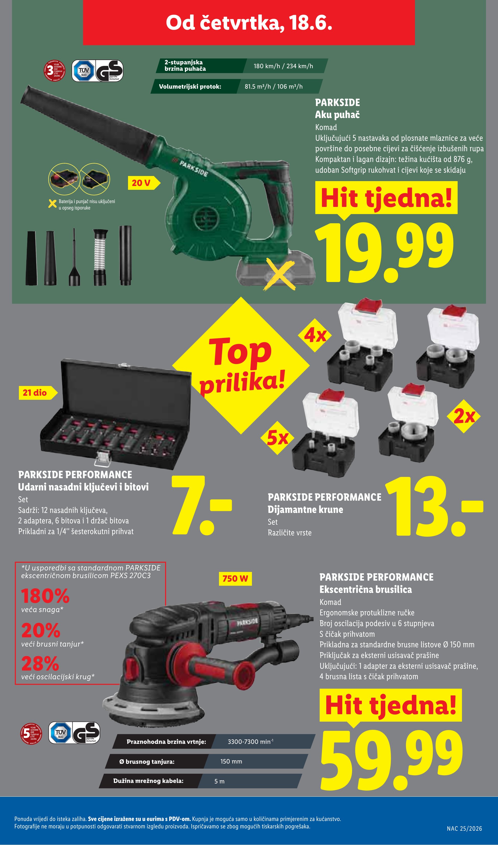 Lidl katalog — stranica 37: PARKSIDE Aku puhač, PARKSIDE PERFORMANCE Udarni nasadni ključevi i bitovi, PARKSIDE PERFORMANCE Dijamantne krune, PARKSIDE PERFORMANCE Ekscentrična brusilica (vrijedi 15. 06. 2026.–21. 06. 2026.)