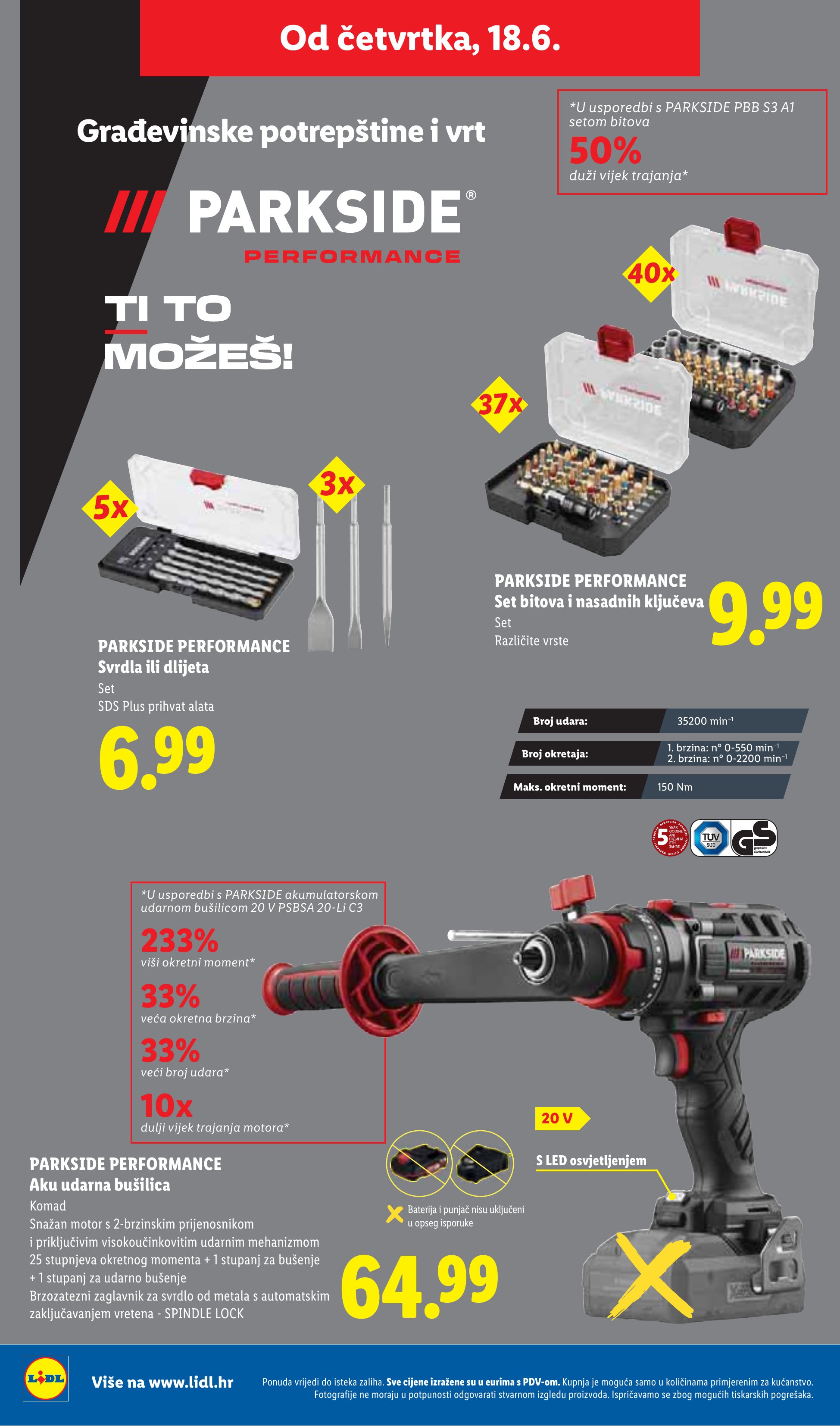 Lidl katalog — stranica 38: PARKSIDE PERFORMANCE Svrdla ili dlijeta, PARKSIDE PERFORMANCE Set bitova i nasadnih ključeva, PARKSIDE PERFORMANCE Aku udarna bušilica (vrijedi 15. 06. 2026.–21. 06. 2026.)