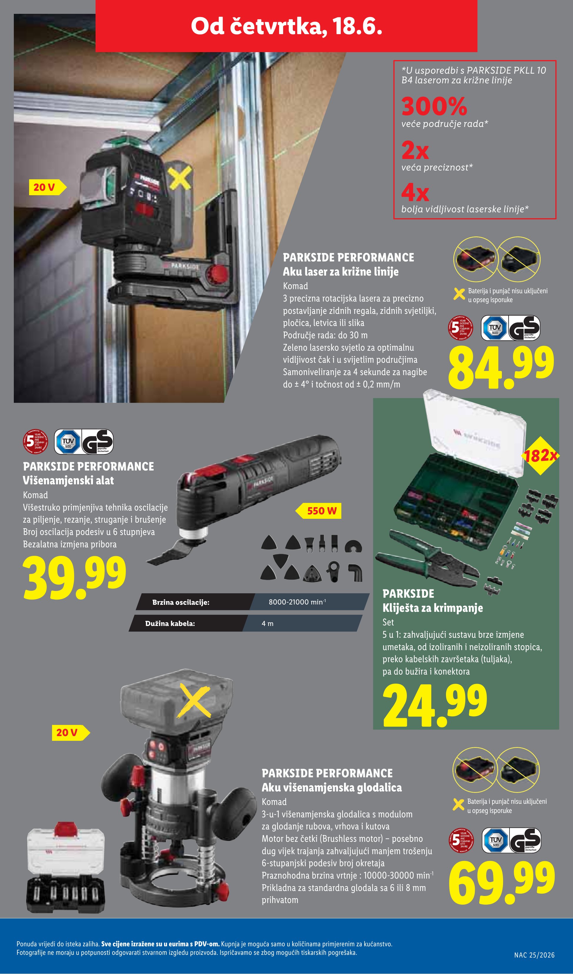 Lidl katalog — stranica 39: PARKSIDE PERFORMANCE Aku laser za križne linije, PARKSIDE PERFORMANCE Višenamjenski alat, PARKSIDE Kliješta za krimpanje, PARKSIDE PERFORMANCE Aku višenamjenska glodalica (vrijedi 15. 06. 2026.–21. 06. 2026.)