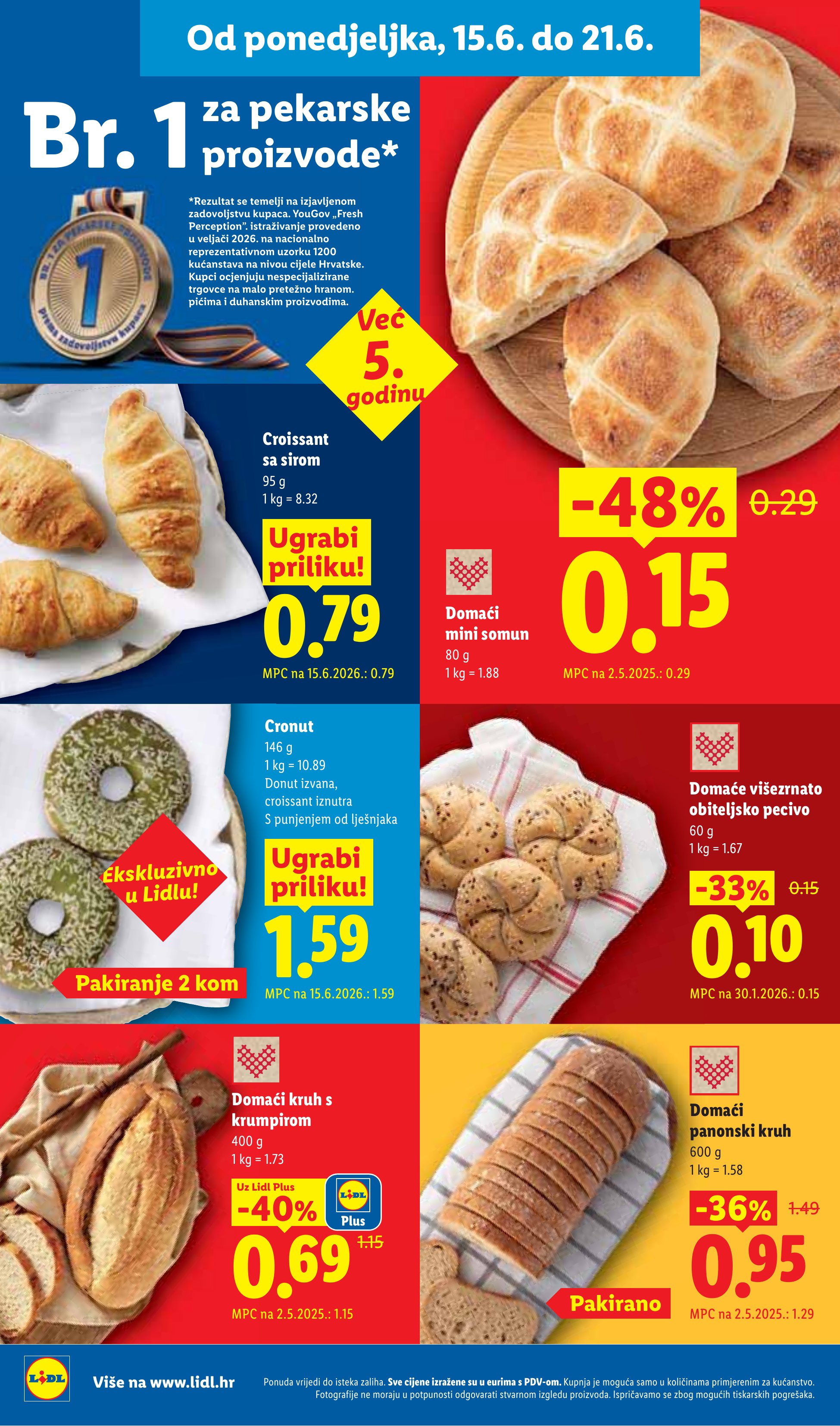 Lidl katalog — stranica 4: Domaći mini somun, Domaći kruh s krumpirom, Domaći panonski kruh, Domaće višezrnato obiteljsko pecivo (vrijedi 15. 06. 2026.–21. 06. 2026.)