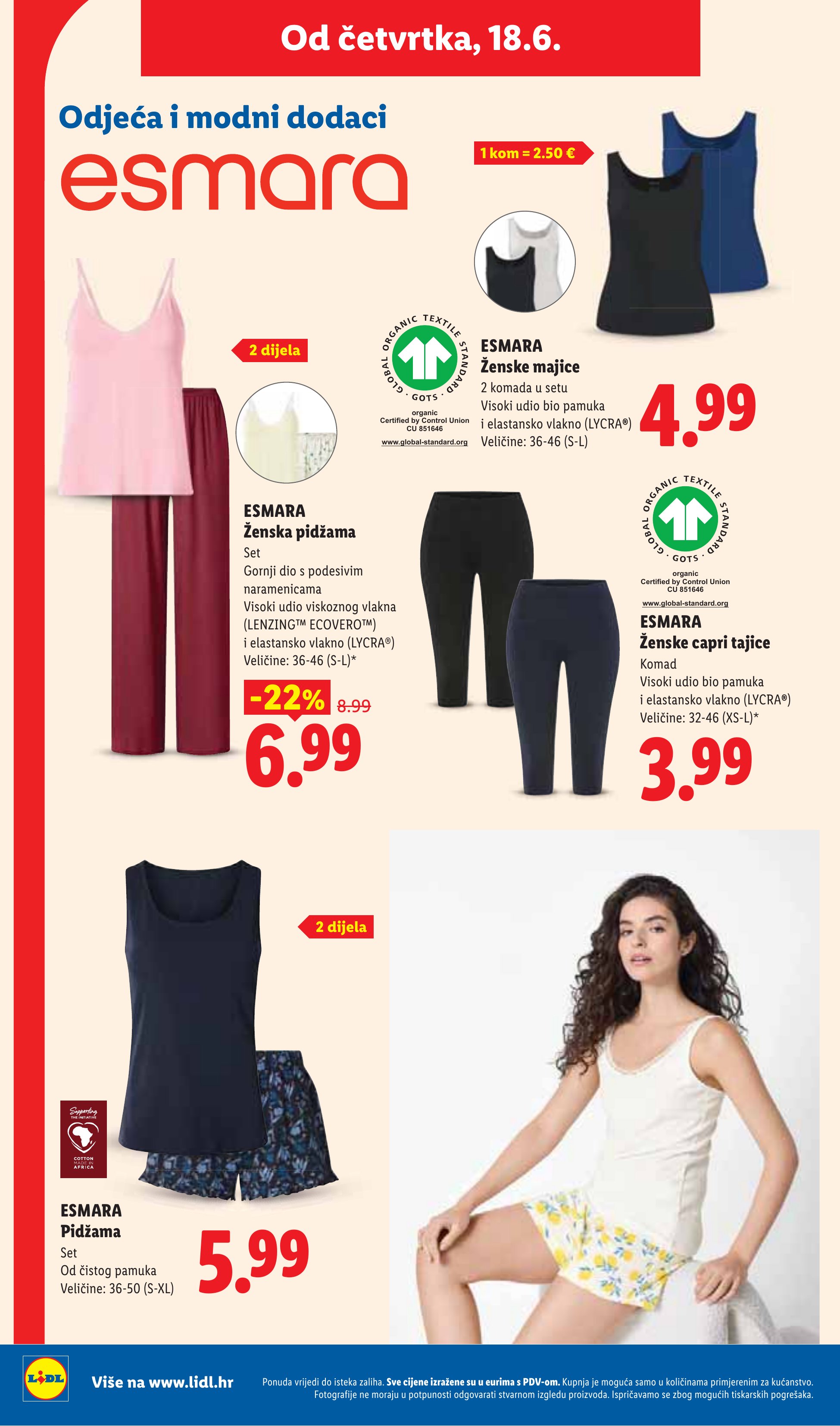 Lidl katalog — stranica 44: ESMARA Ženska pidžama, ESMARA Ženske majice, ESMARA Ženske capri tajice, ESMARA Pidžama (vrijedi 15. 06. 2026.–21. 06. 2026.)