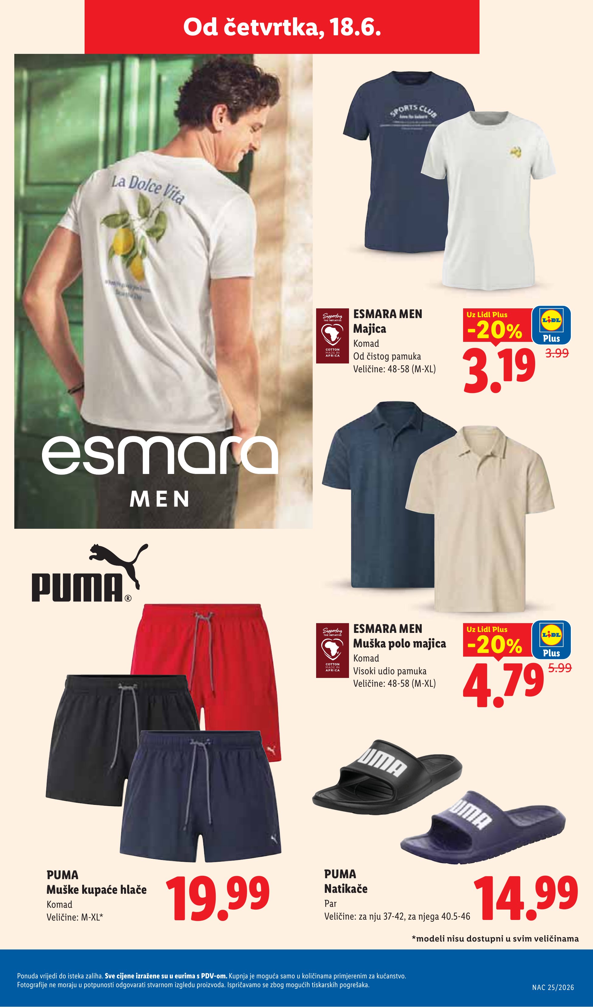 Lidl katalog — stranica 45: ESMARA MEN Majica, ESMARA MEN Muška polo majica, PUMA Muške kupaće hlače, PUMA Natikače (vrijedi 15. 06. 2026.–21. 06. 2026.)