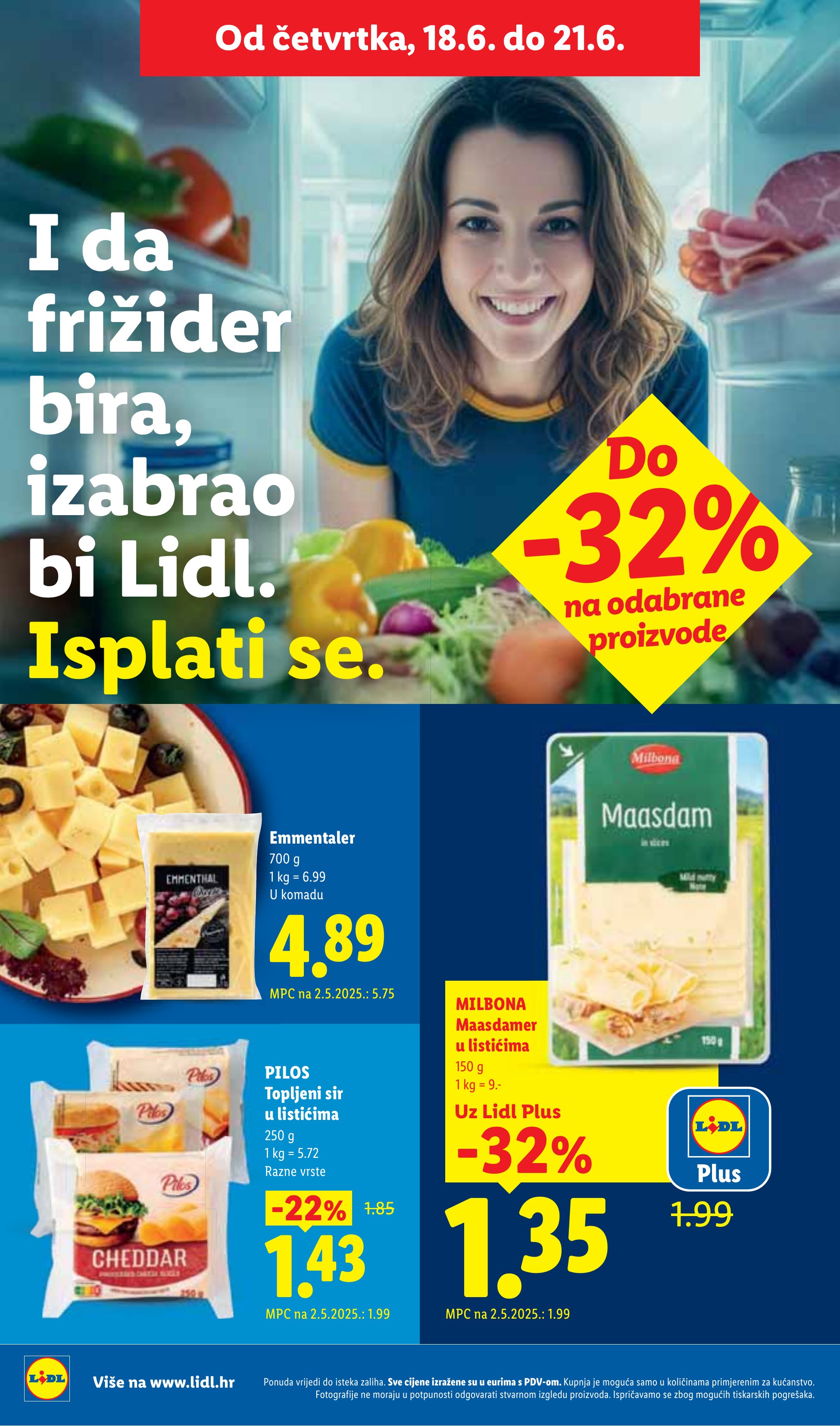 Lidl katalog — stranica 48: Milbona Maasdamer u listićima, Pilos Topljeni sir u listićima, Emmentaler (vrijedi 15. 06. 2026.–21. 06. 2026.)