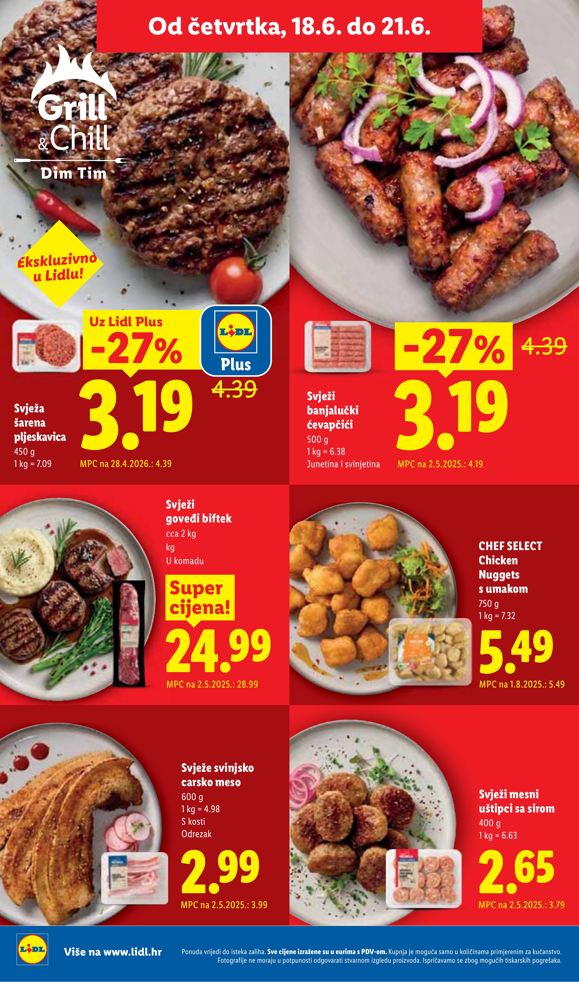 Lidl katalog — stranica 54: Svježi mesni uštipci sa sirom, Svježi banjalučki ćevapčići, Svježa šarena pljeskavica, Svježe svinjsko carsko meso (vrijedi 15. 06. 2026.–21. 06. 2026.)