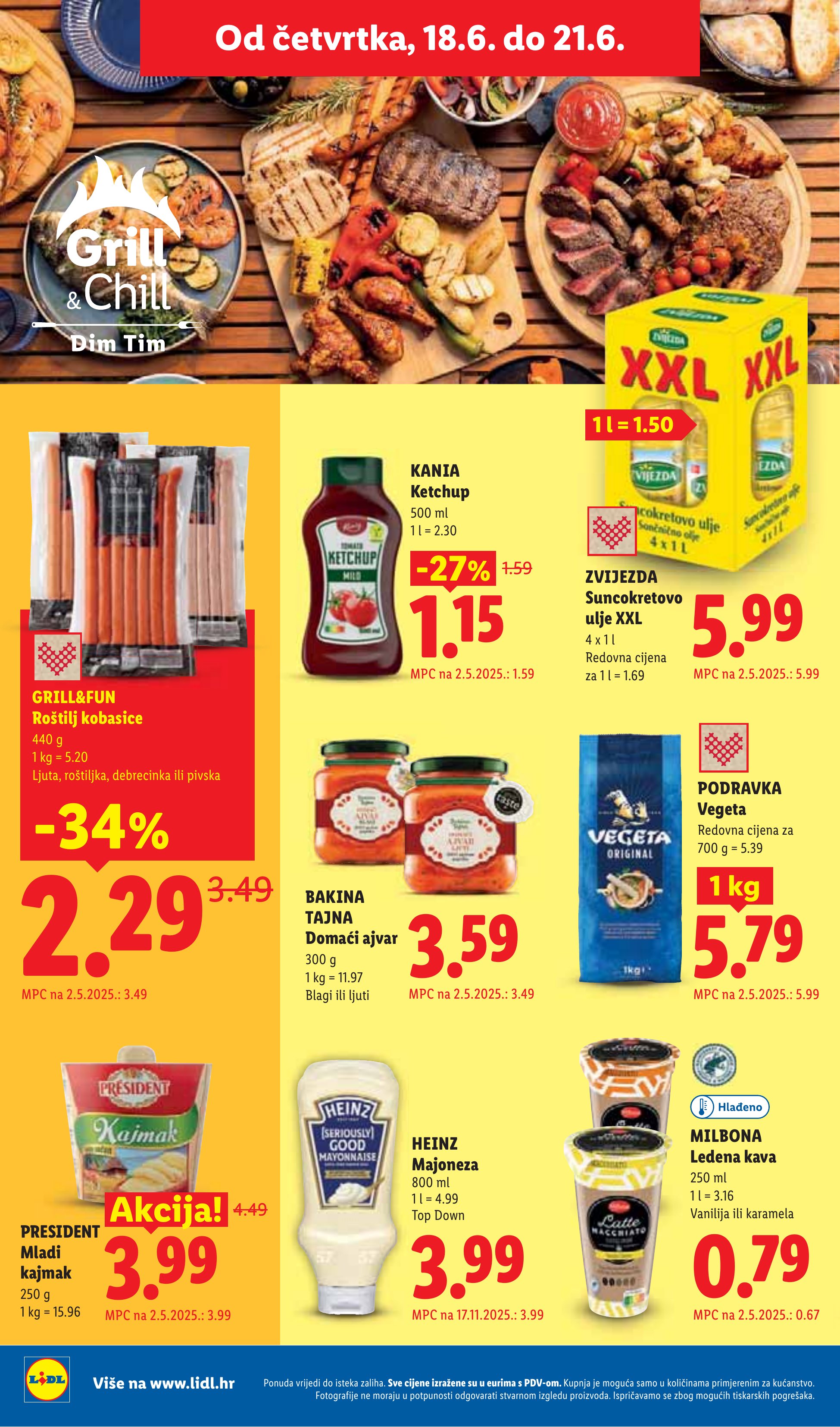 Lidl katalog — stranica 56: GRILL&FUN Roštilj kobasice (Ljuta, roštiljska, debrecinka ili pivska), KANIA Ketchup, PRESIDENT Mladi kajmak, ZVIJEZDA Suncokretovo ulje XXL (vrijedi 15. 06. 2026.–21. 06. 2026.)