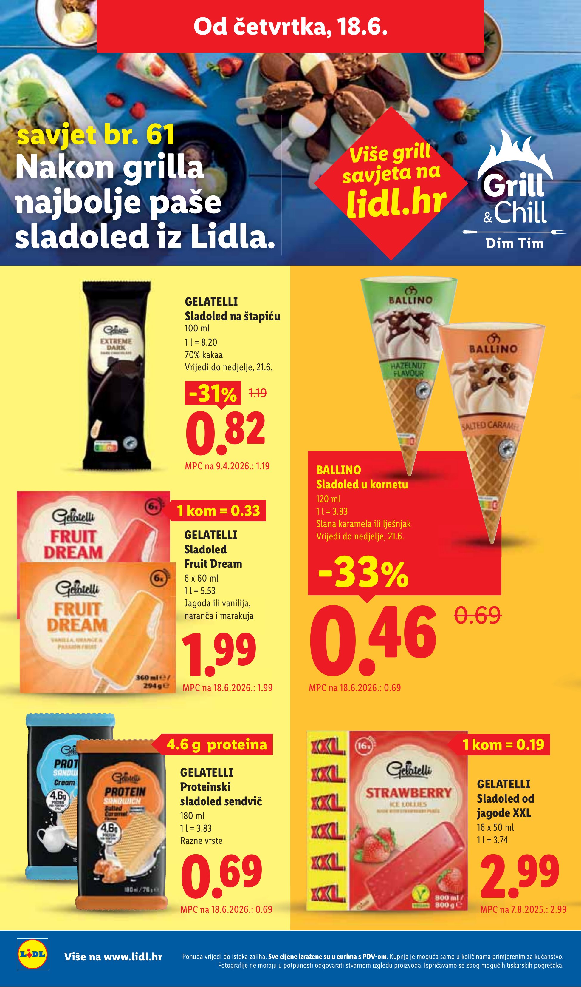 Lidl katalog — stranica 58: BALLINO Sladoled u kornetu (Slana karamela ili lješnjak), GELATELLI Sladoled na štapiću (vrijedi 15. 06. 2026.–21. 06. 2026.)