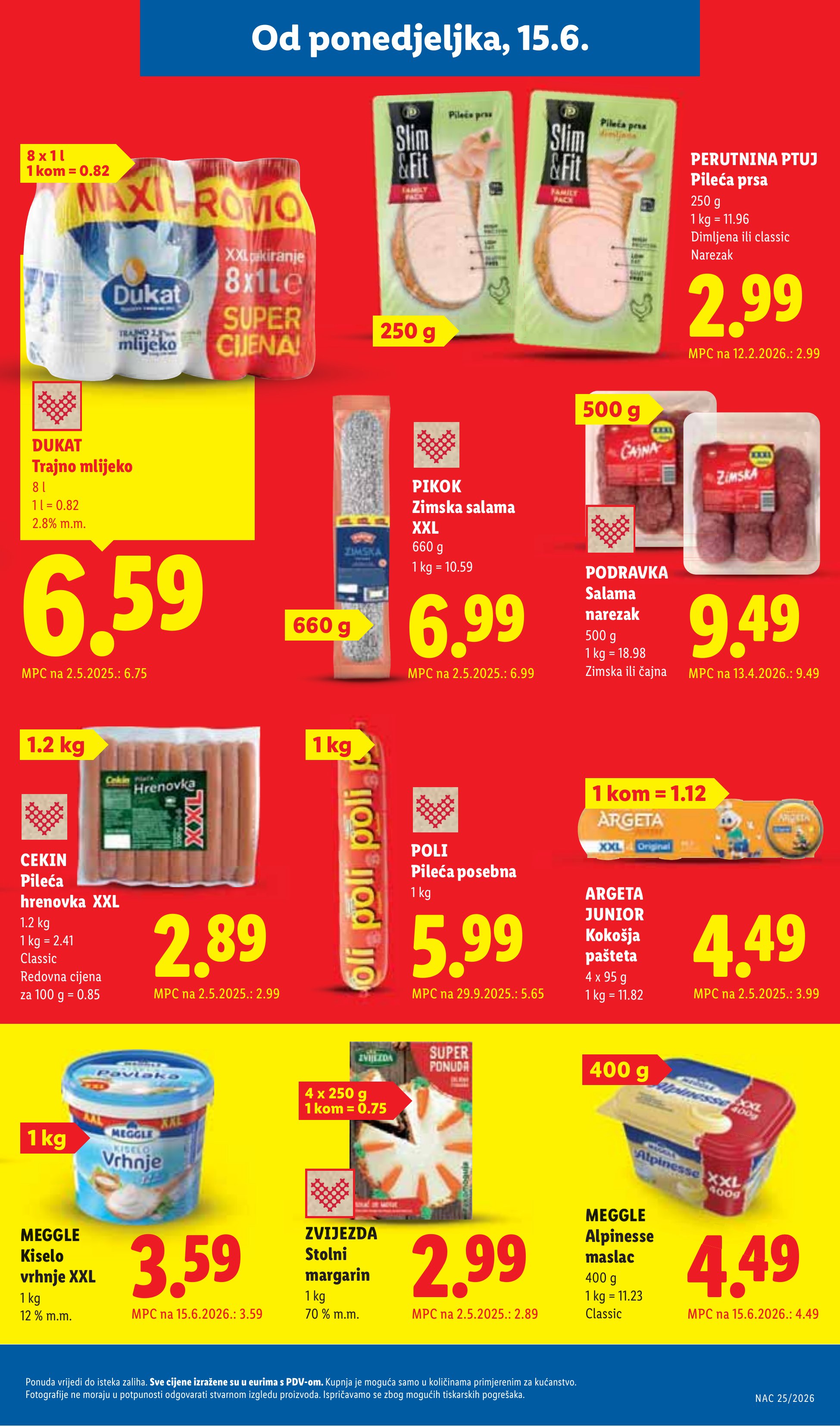 Lidl katalog — stranica 7: CEKIN Pileća hrenovka XXL classic, DUKAT Trajno mlijeko 2.8% m.m. (vrijedi 15. 06. 2026.–21. 06. 2026.)