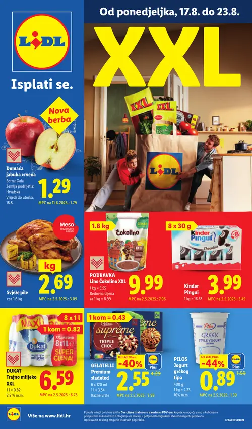 Lidl katalog — stranica 1: GELATELLI Premium sladoled, PILOS Jogurt grčkog tipa, Domaća jabuka crvena, Svježe pile (vrijedi 17. 08. 2026.–23. 08. 2026.)